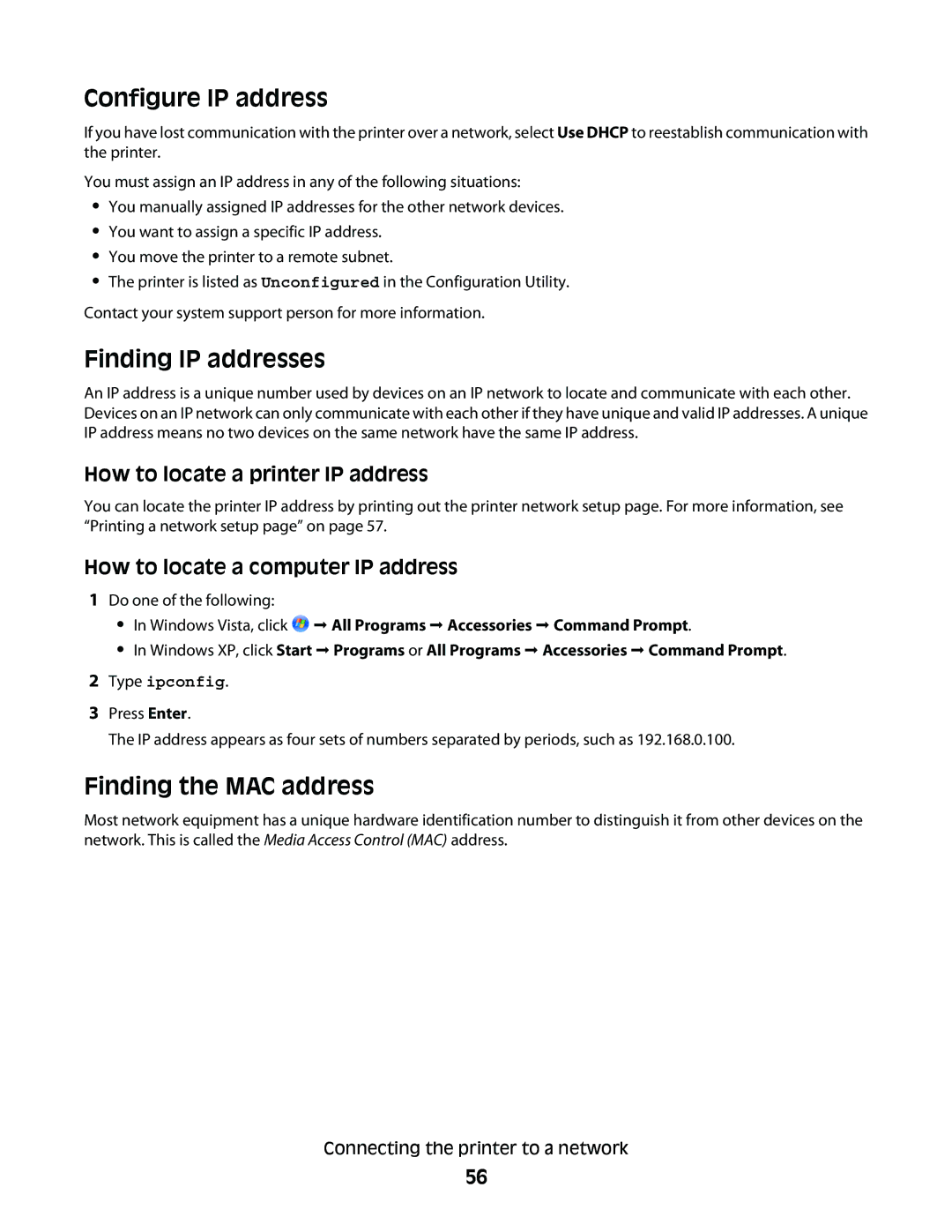 Lexmark 9500 Series manual Configure IP address, Finding IP addresses, Finding the MAC address 