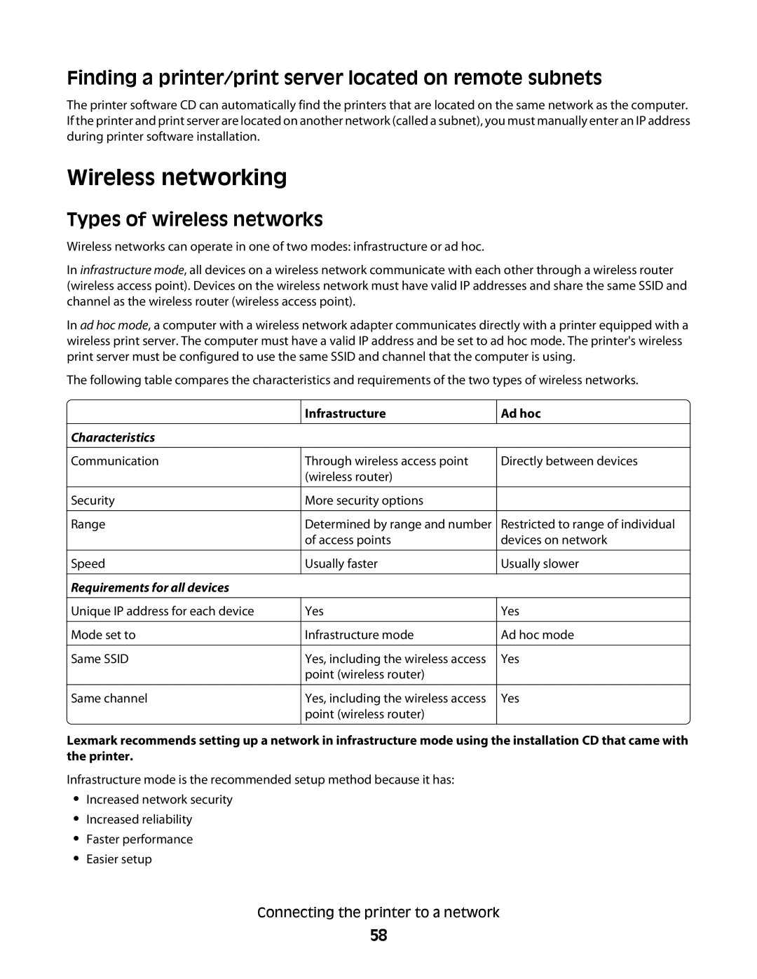 Lexmark 9500 Series Wireless networking, Finding a printer/print server located on remote subnets, Infrastructure, Ad hoc 