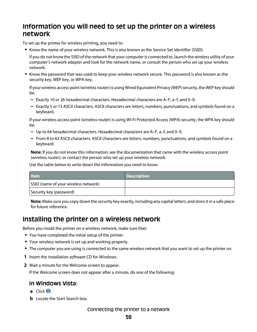 Lexmark 9500 Series manual Installing the printer on a wireless network, Windows Vista 