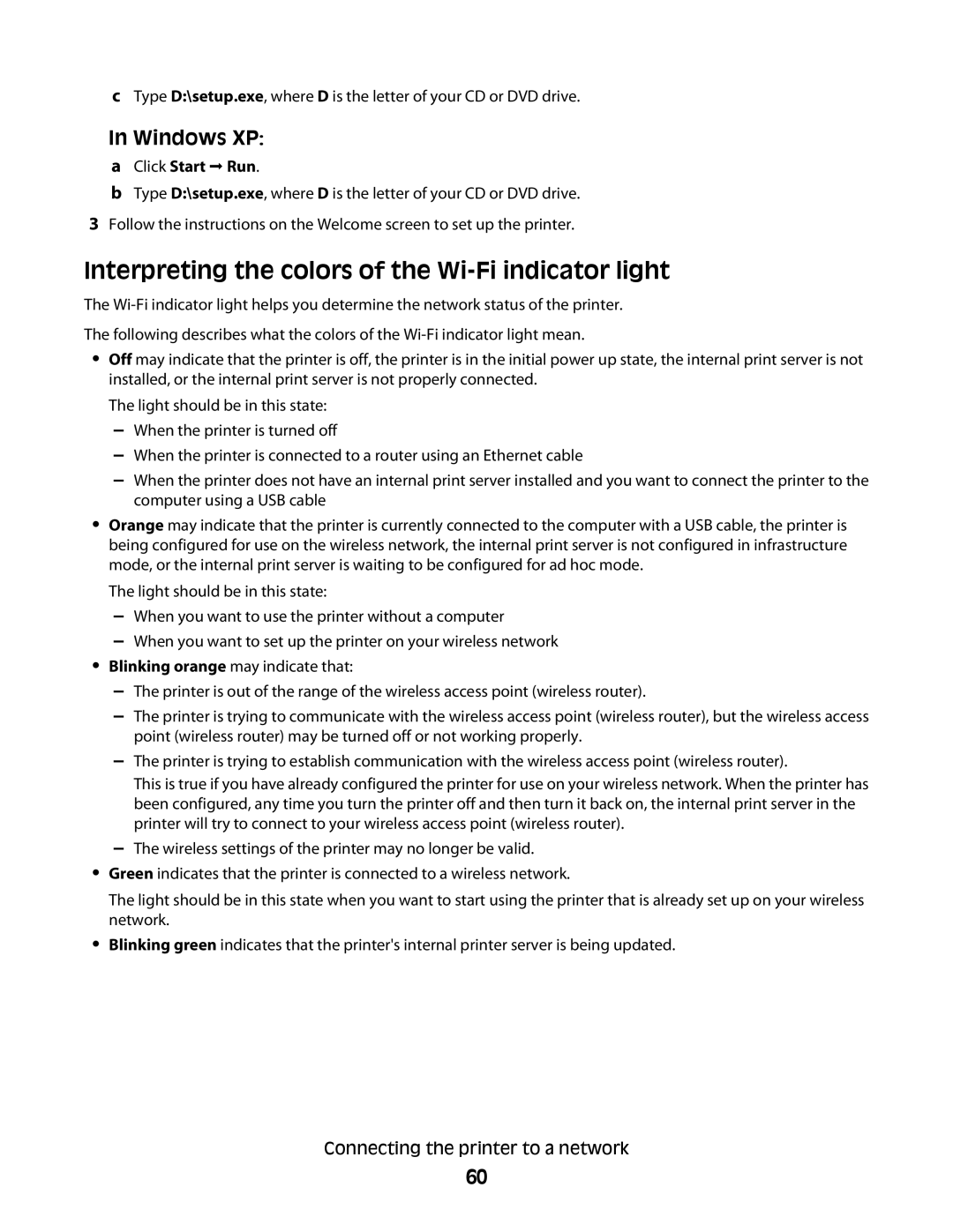 Lexmark 9500 Series manual Interpreting the colors of the Wi-Fi indicator light, Windows XP, Click Start Œ Run 