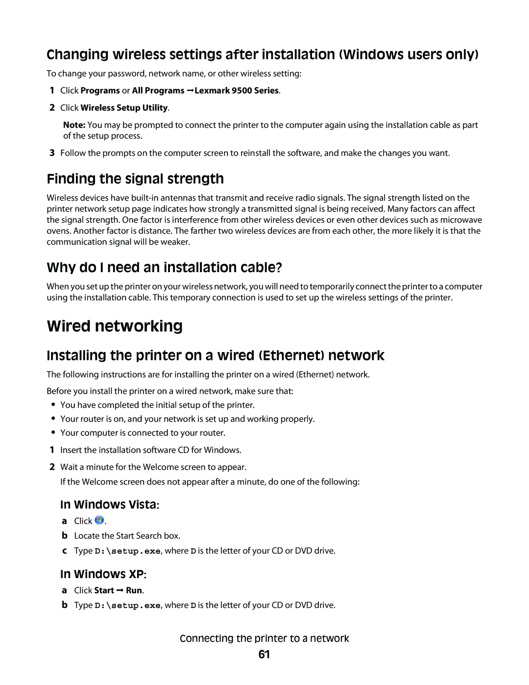 Lexmark 9500 Series manual Wired networking, Finding the signal strength, Why do I need an installation cable? 