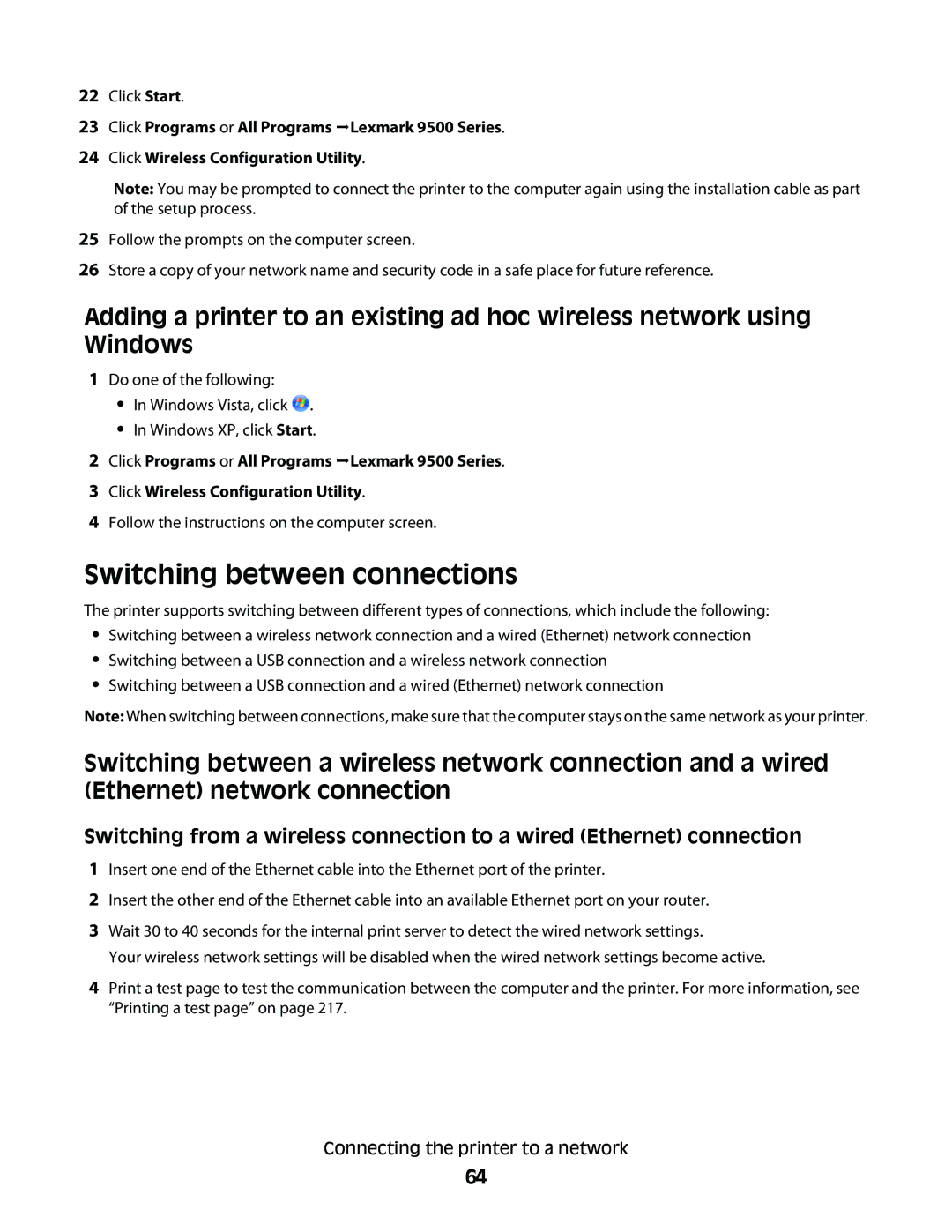 Lexmark 9500 Series manual Switching between connections, Click Start 