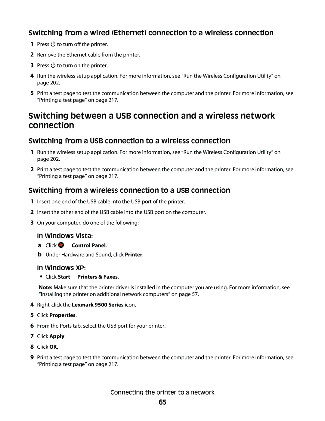 Lexmark 9500 Series Switching from a USB connection to a wireless connection, Under Hardware and Sound, click Printer 