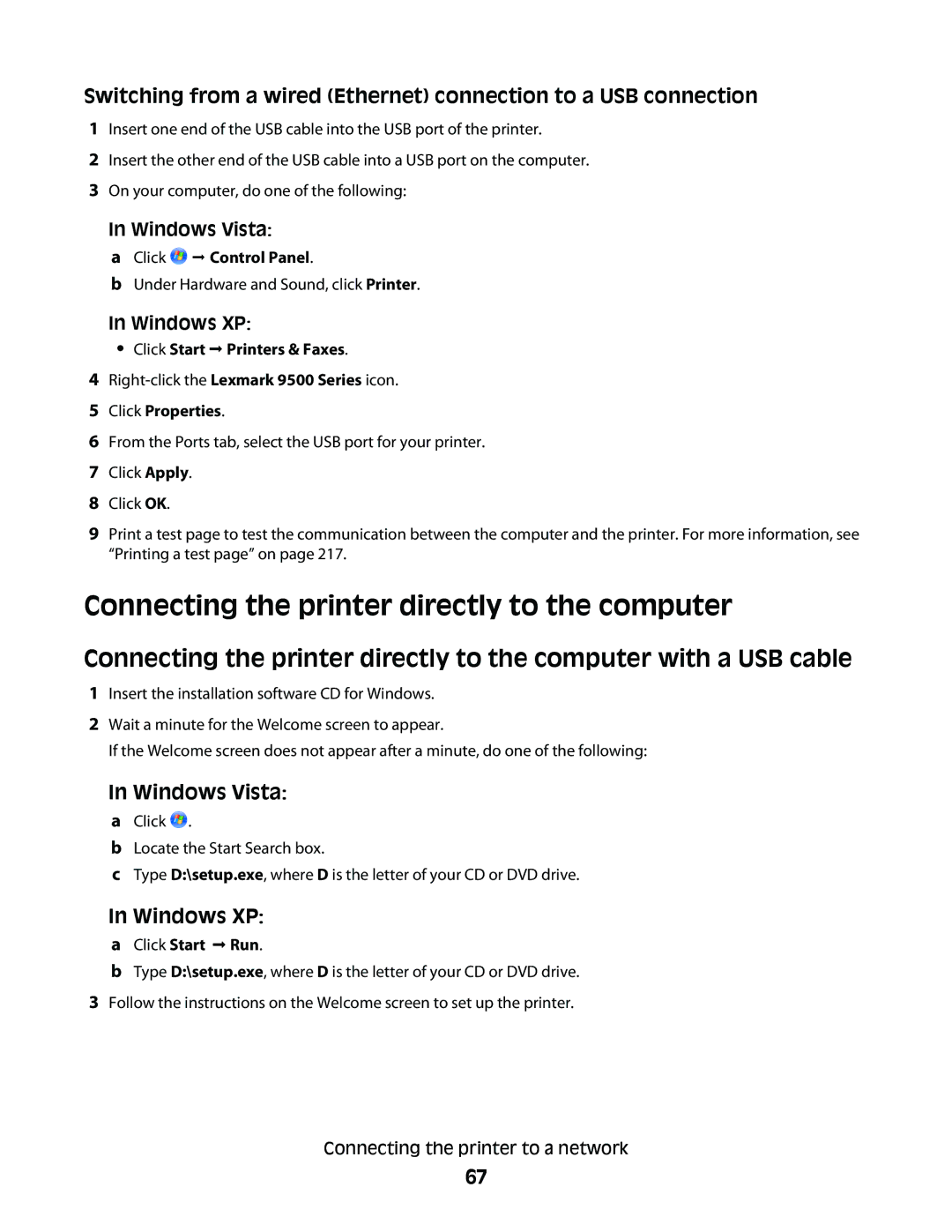 Lexmark 9500 Series manual Connecting the printer directly to the computer, Windows Vista 