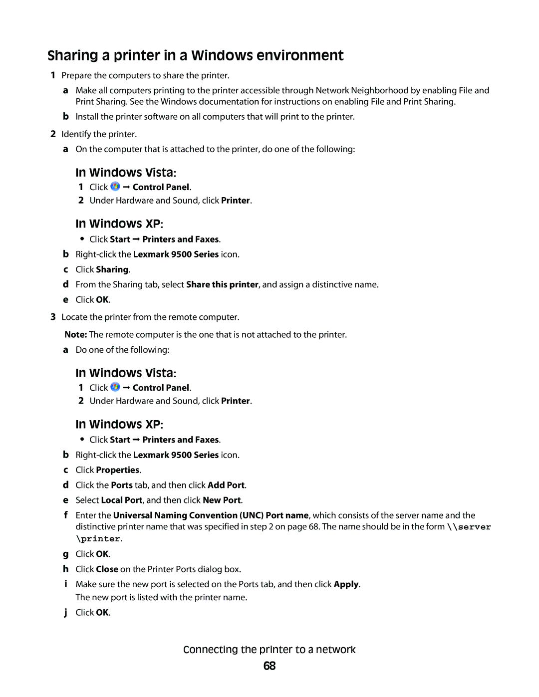 Lexmark 9500 Series manual Sharing a printer in a Windows environment, Prepare the computers to share the printer 