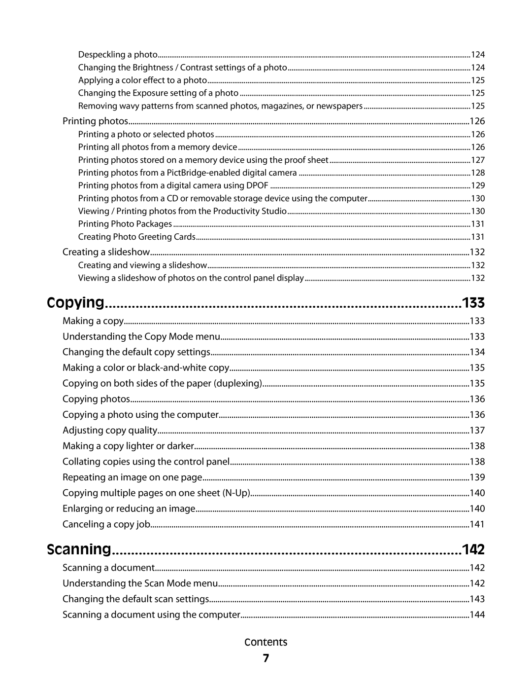 Lexmark 9500 Series manual Copying 133, Scanning 142 