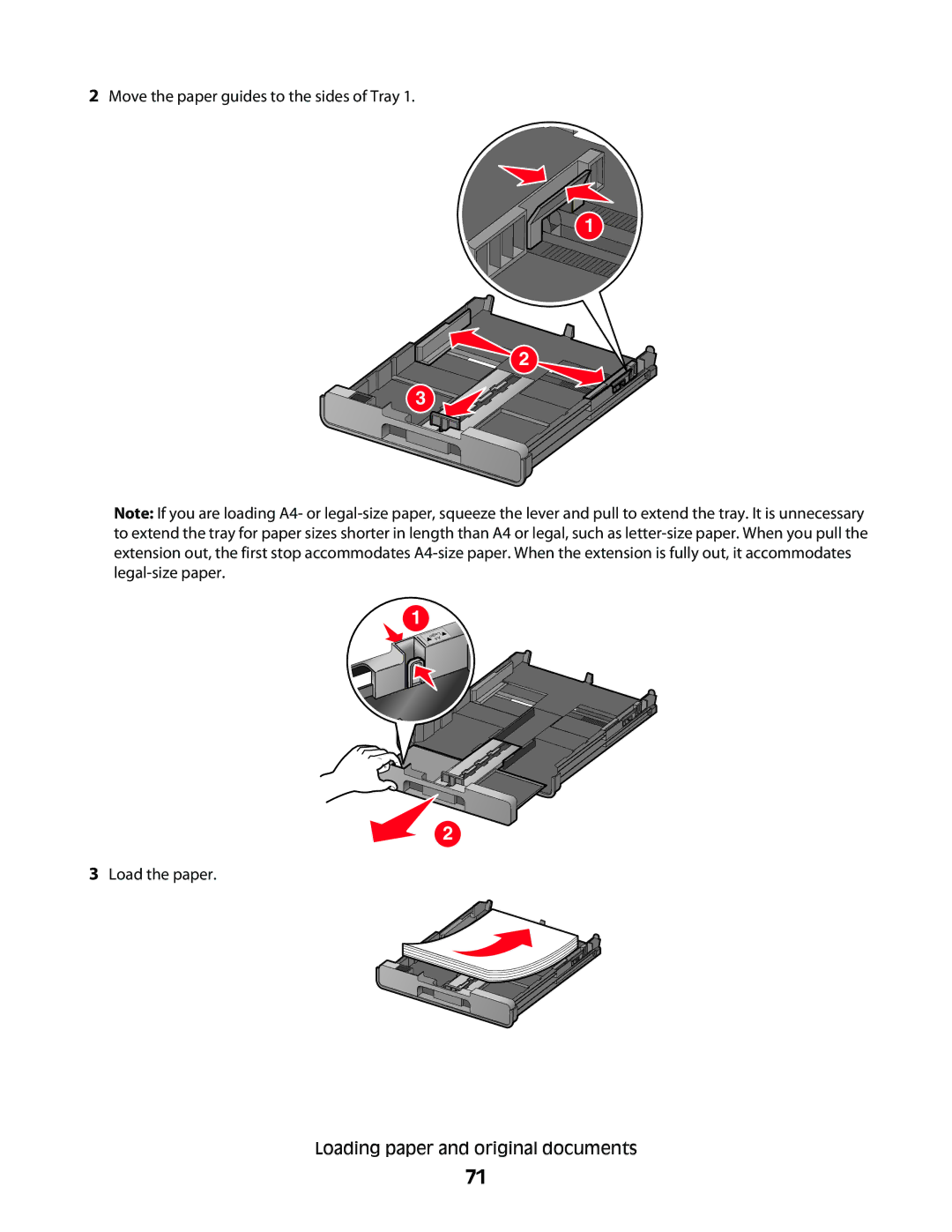 Lexmark 9500 Series manual Move the paper guides to the sides of Tray, Load the paper Loading paper and original documents 