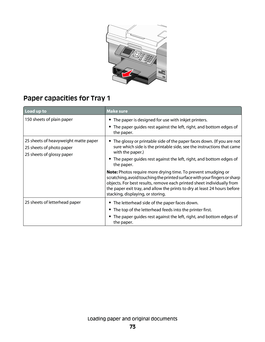 Lexmark 9500 Series manual Paper capacities for Tray, Load up to, Make sure 