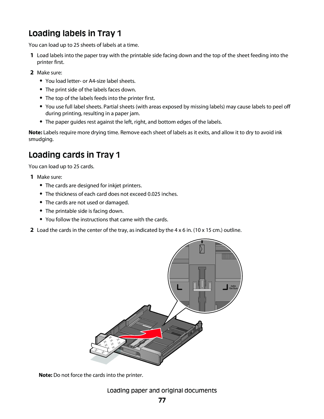 Lexmark 9500 Series manual Loading labels in Tray, Loading cards in Tray 