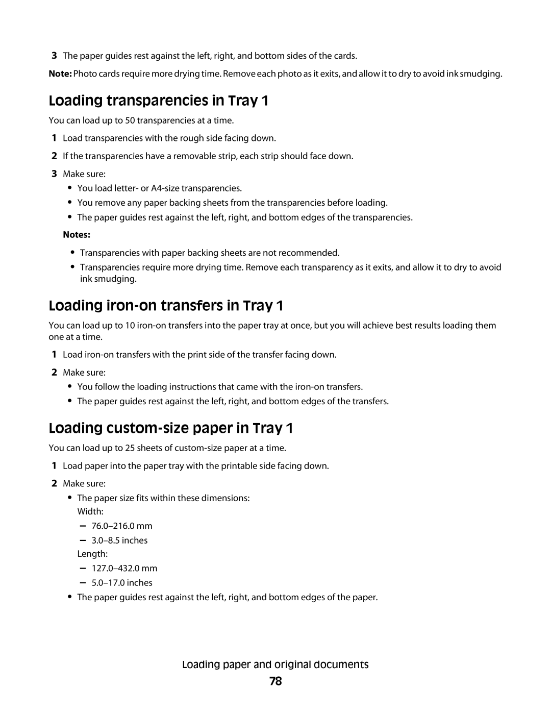 Lexmark 9500 Series Loading transparencies in Tray, Loading iron-on transfers in Tray, Loading custom-size paper in Tray 