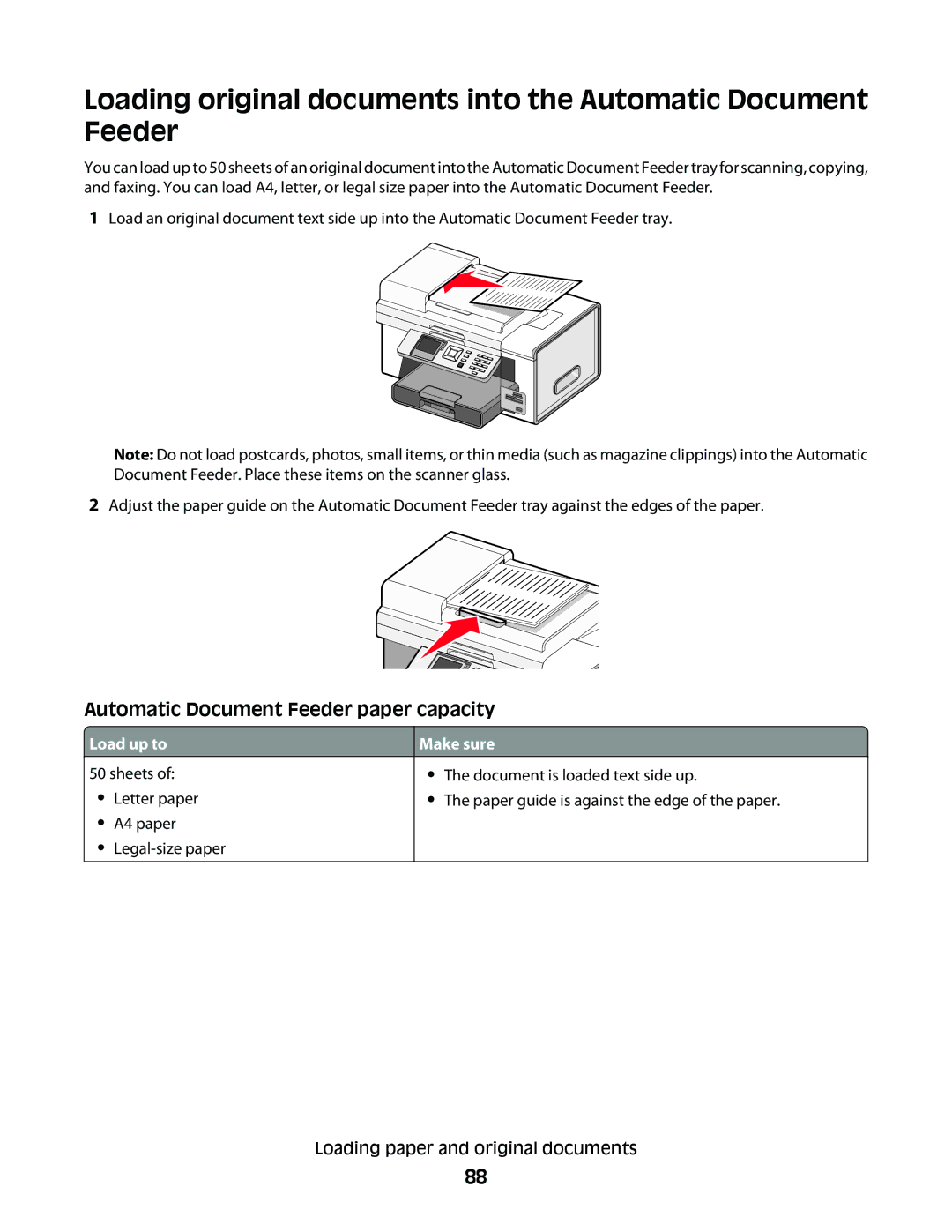 Lexmark 9500 Series manual Automatic Document Feeder paper capacity, Sheets Letter paper A4 paper Legal-size paper 