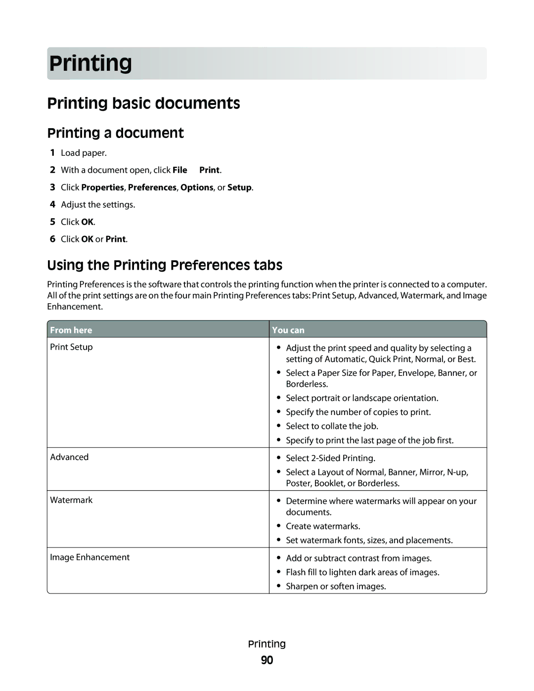 Lexmark 9500 Series manual Prin ting, Printing basic documents, Printing a document, Using the Printing Preferences tabs 