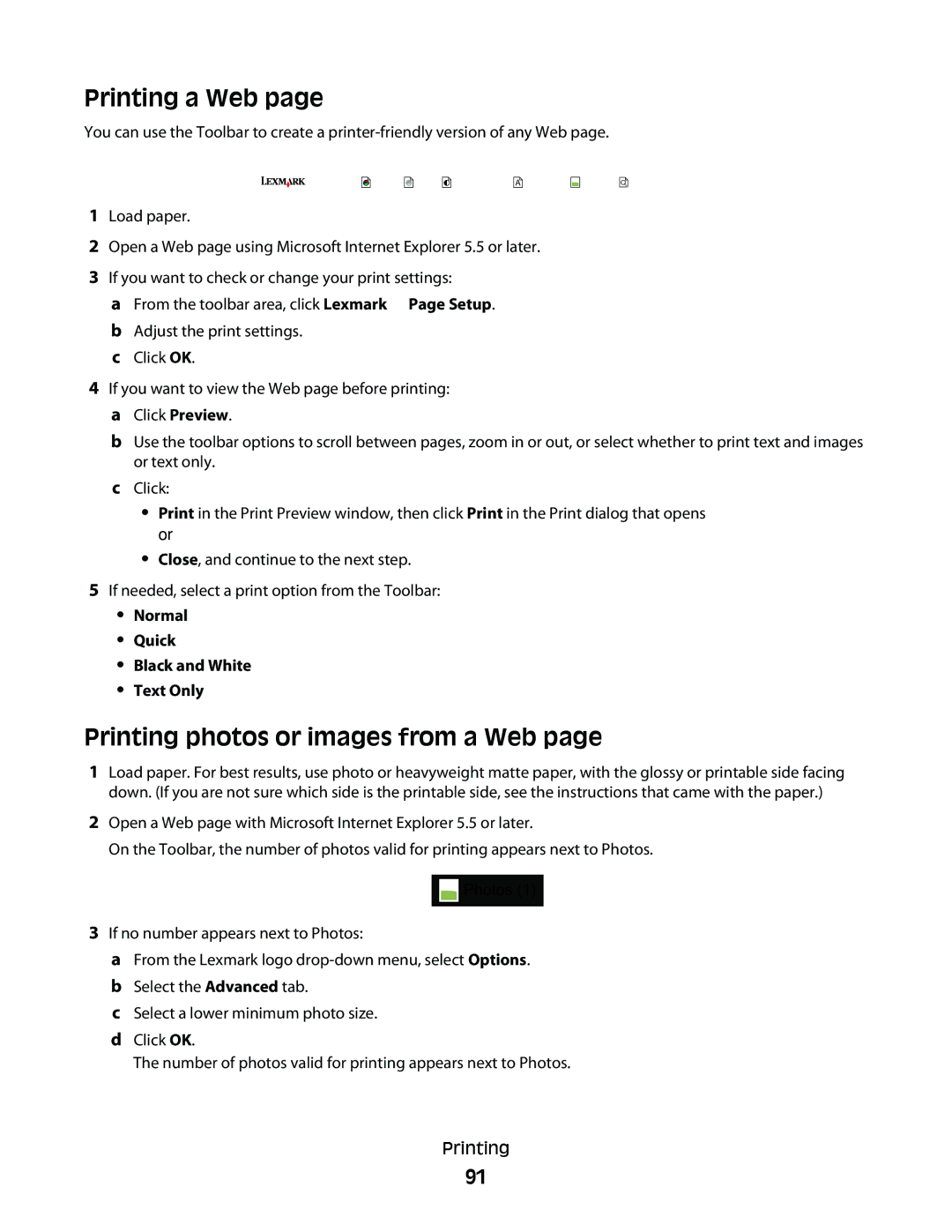 Lexmark 9500 Series manual Printing a Web, Printing photos or images from a Web, Normal Quick Black and White Text Only 