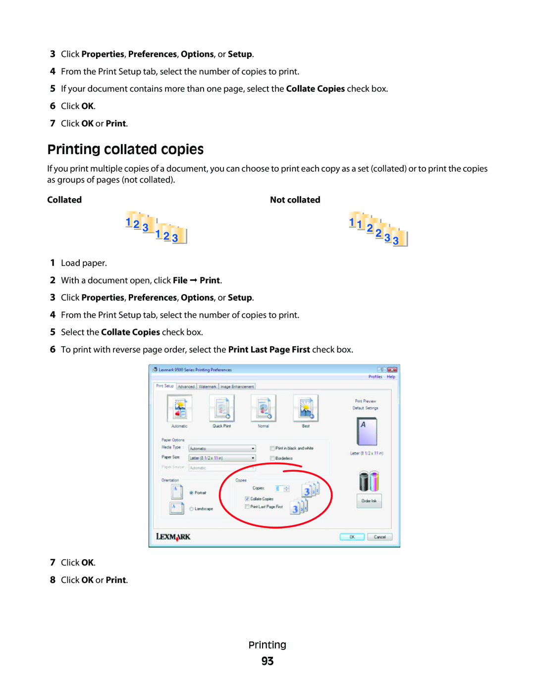 Lexmark 9500 Series manual Printing collated copies, Not collated 