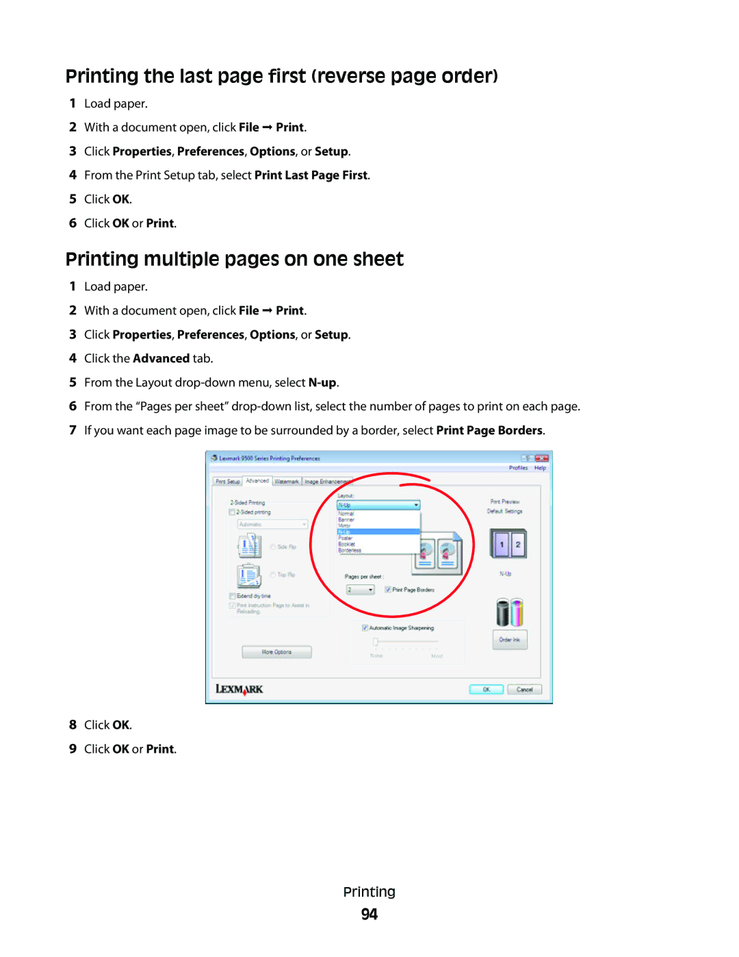 Lexmark 9500 Series manual Printing the last page first reverse page order, Printing multiple pages on one sheet 