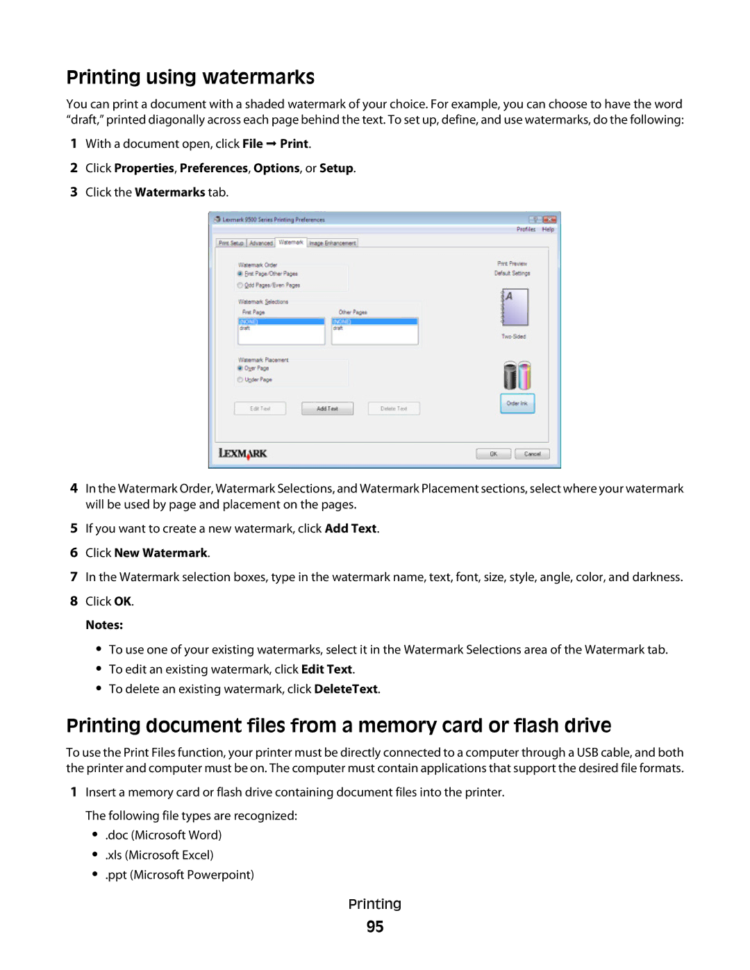 Lexmark 9500 Series manual Printing using watermarks, Printing document files from a memory card or flash drive 