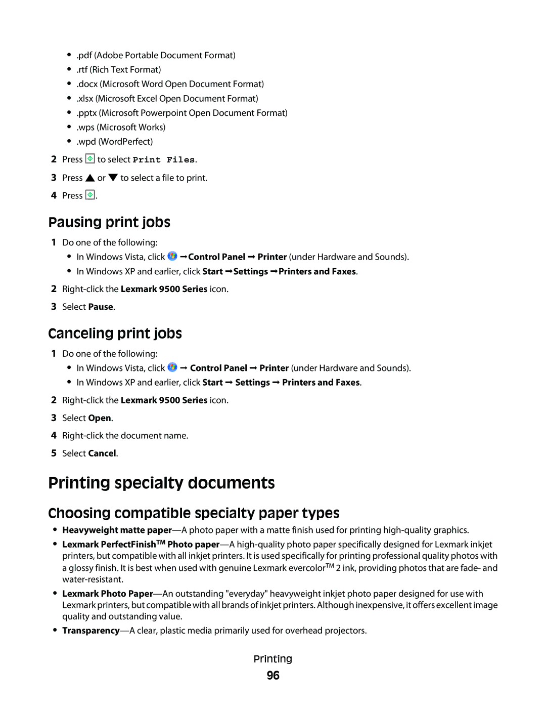 Lexmark 9500 Series manual Printing specialty documents, Pausing print jobs, Canceling print jobs 