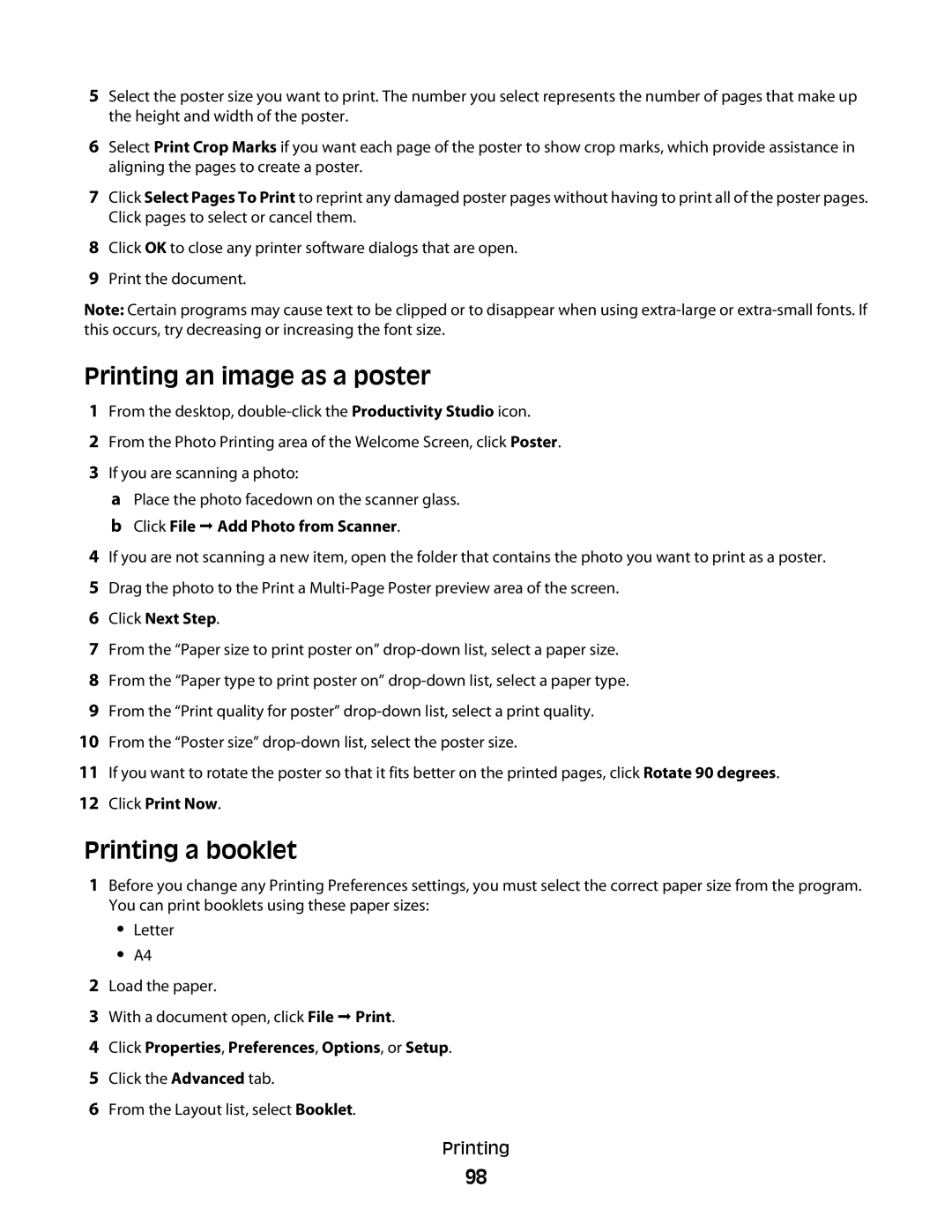 Lexmark 9500 Series manual Printing an image as a poster, Printing a booklet, Click File Œ Add Photo from Scanner 