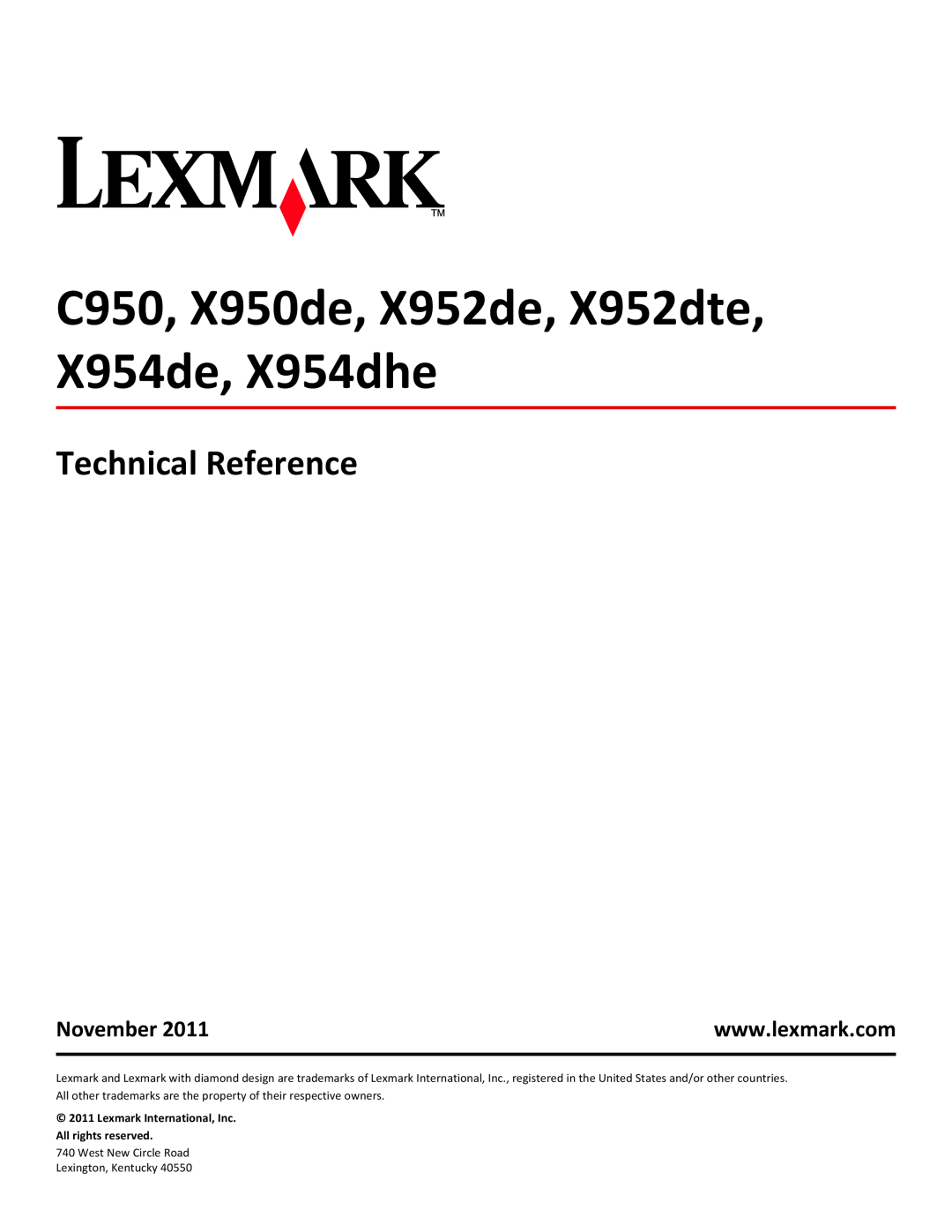 Lexmark 950DE, 952DE, 954DE, 954DHE manual Technical Reference, November, C950, X950de, X952de, X952dte, X954de, X954dhe 