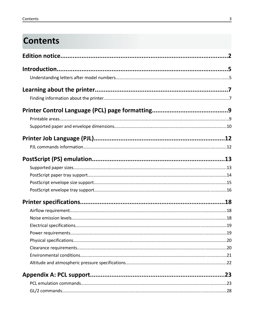 Lexmark 954DHE, 952DE, 950DE Contents, Edition notice, Introduction, Learning about the printer, Printer Job Language PJL 
