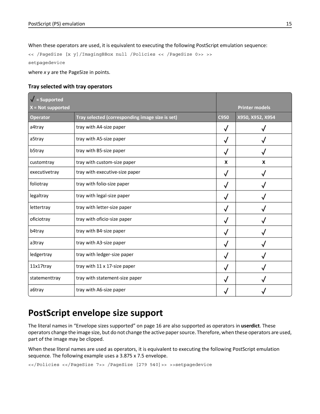 Lexmark 952DE, 950DE, 954DE, 954DHE, 952DTE manual PostScript envelope size support, Tray selected with tray operators 