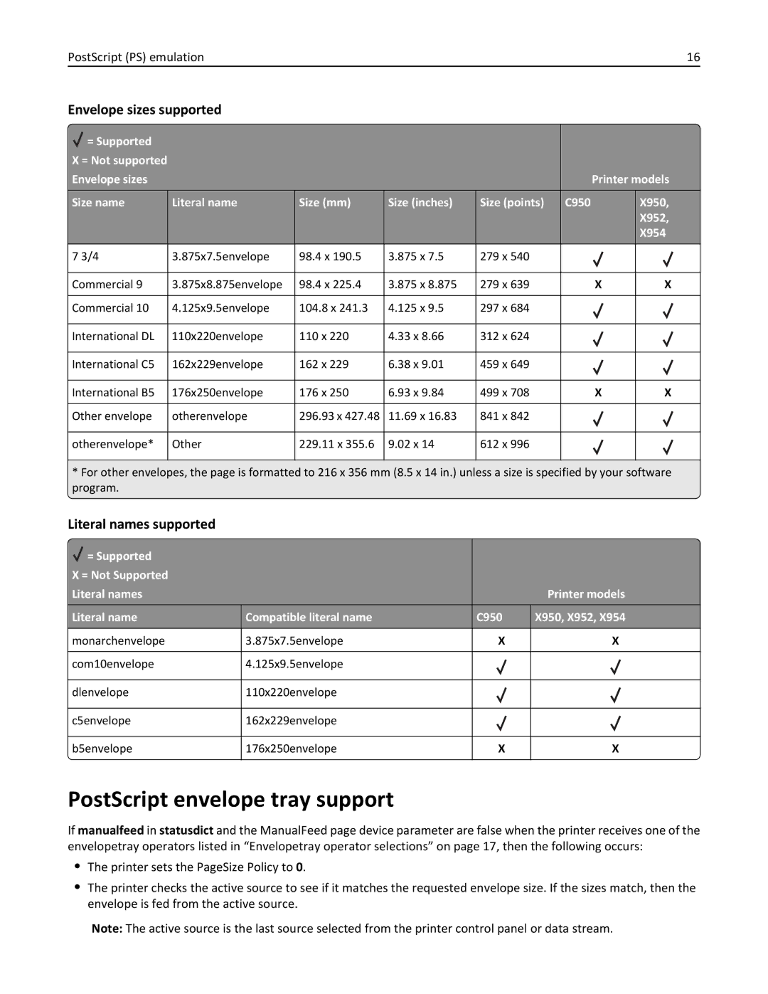 Lexmark 950DE, 952DE, 954DE, 954DHE, 952DTE manual PostScript envelope tray support, Envelope sizes supported 