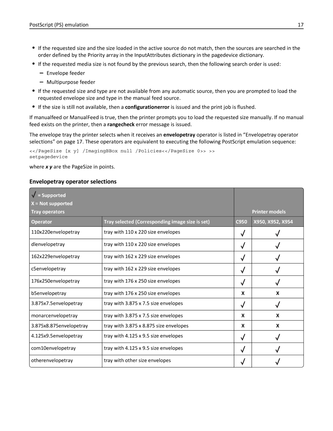 Lexmark 954DE, 952DE, 950DE, 954DHE, 952DTE manual Envelopetray operator selections 