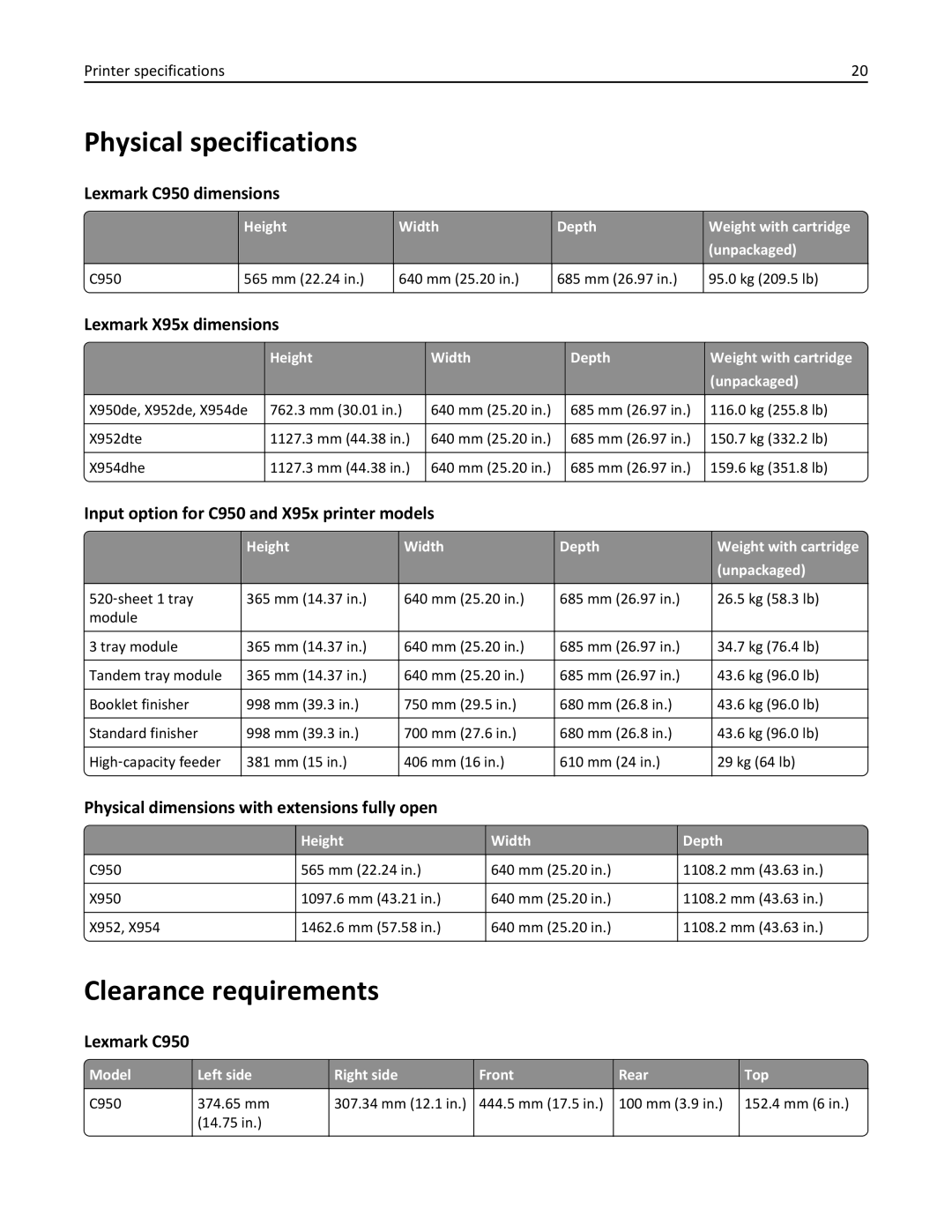 Lexmark 952DE, 950DE, 954DE, 954DHE, 952DTE manual Physical specifications, Clearance requirements 