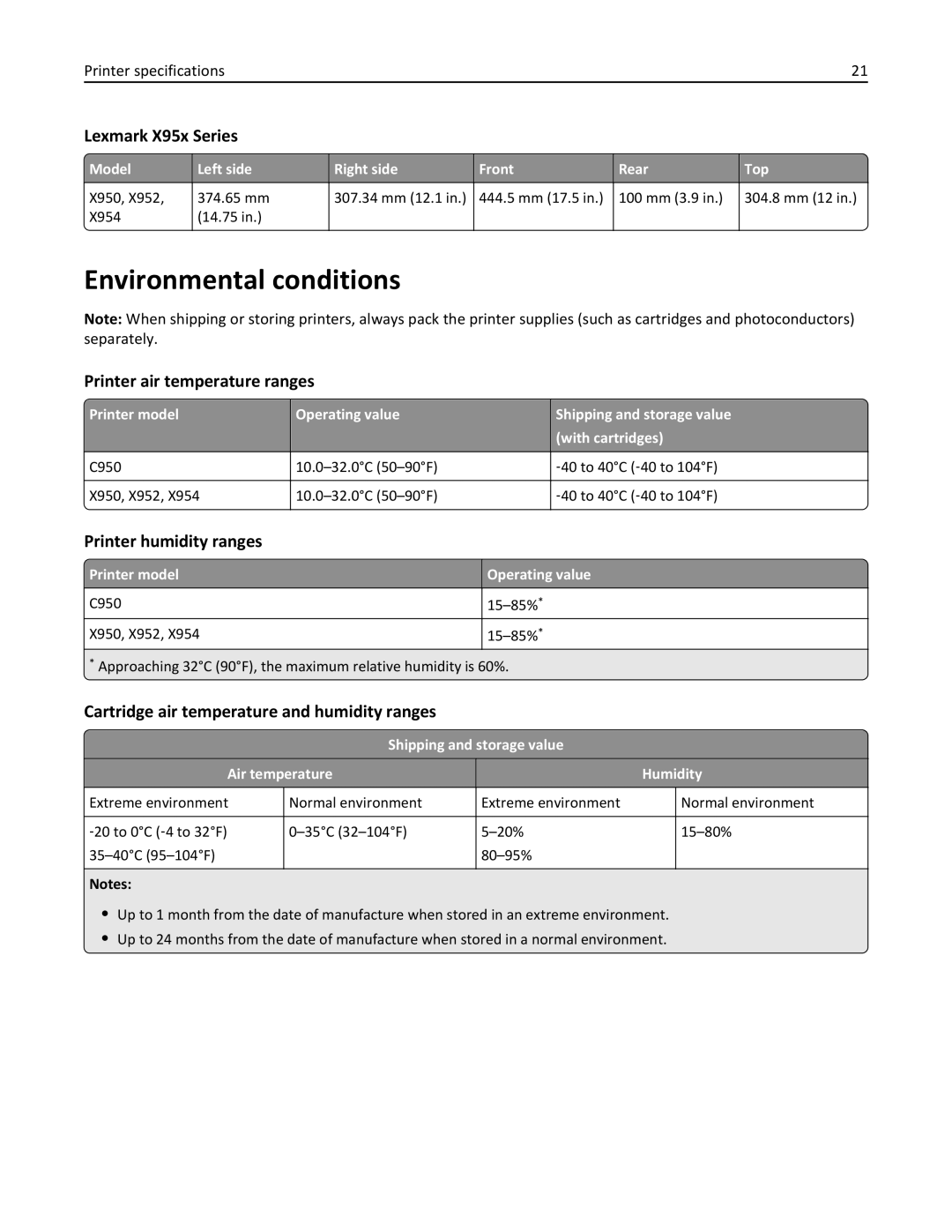 Lexmark 950DE, 952DE, 954DE, 954DHE, 952DTE manual Environmental conditions, Lexmark X95x Series 