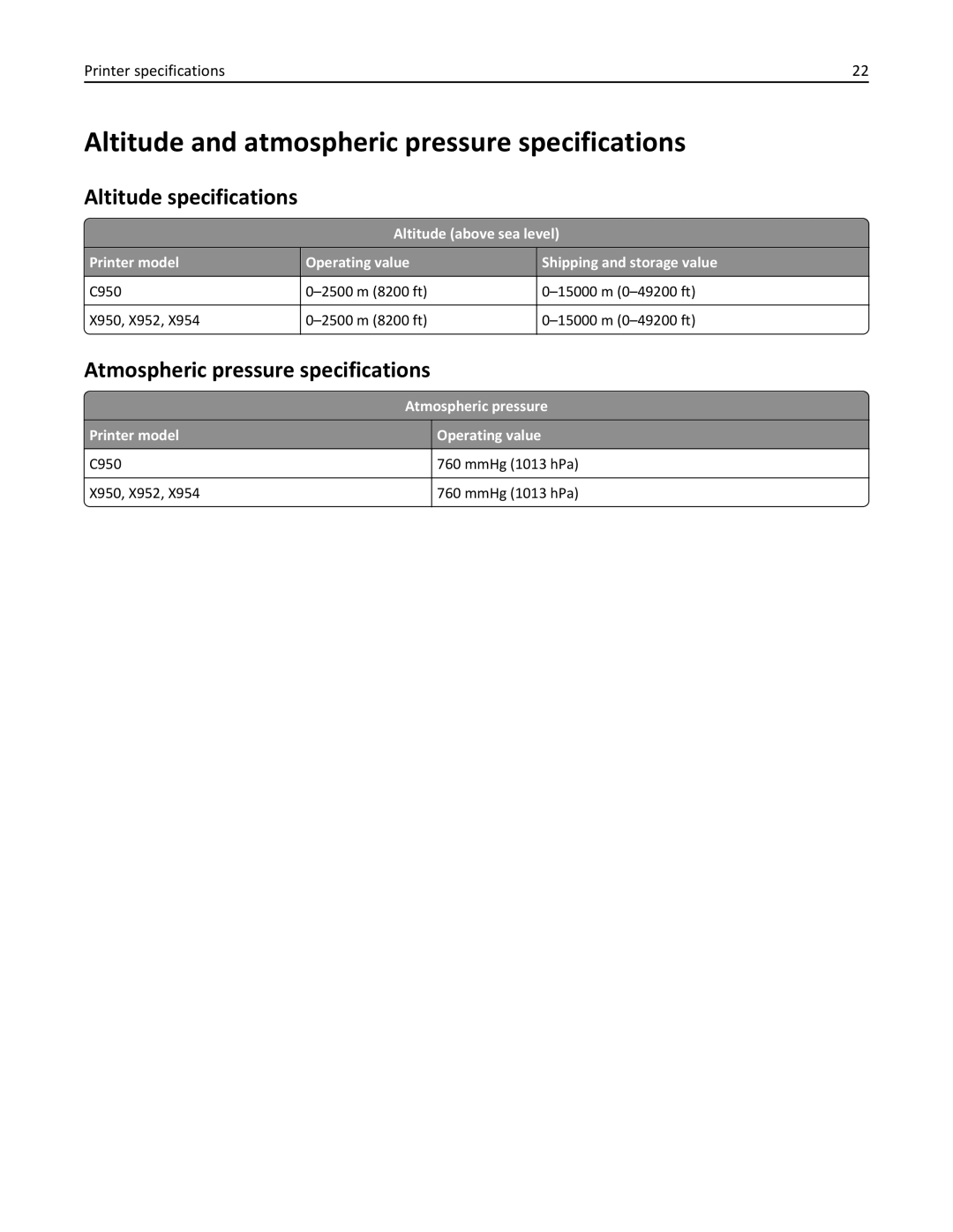 Lexmark 954DE, 952DE, 950DE, 954DHE, 952DTE manual Altitude and atmospheric pressure specifications, Altitude specifications 