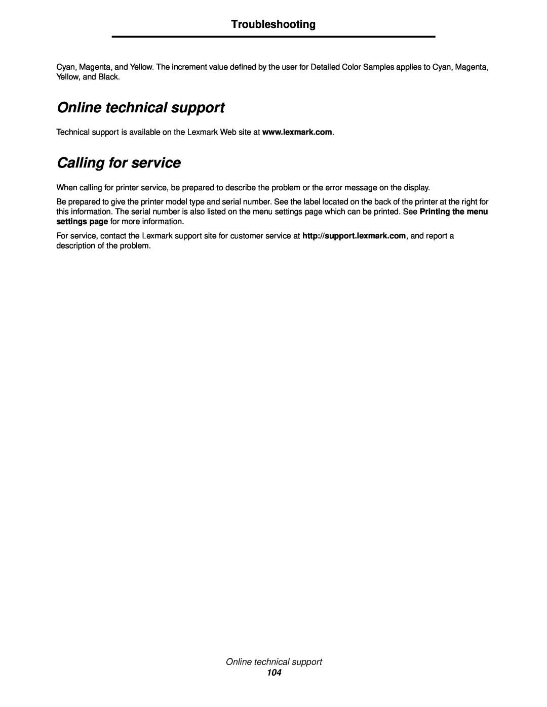 Lexmark C522, C524, C520 manual Online technical support, Calling for service, Troubleshooting 