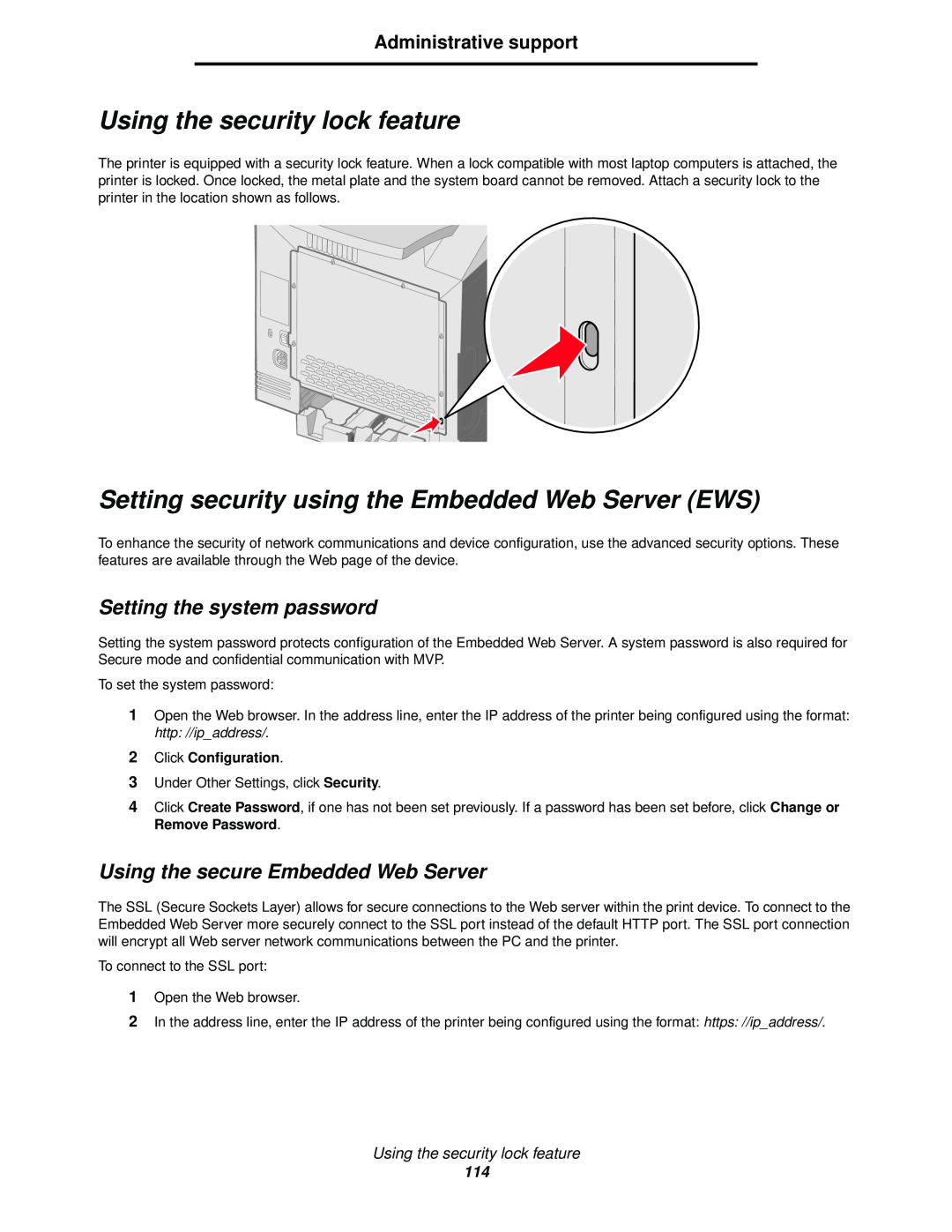 Lexmark C524 Using the security lock feature, Setting security using the Embedded Web Server EWS, Click Configuration 