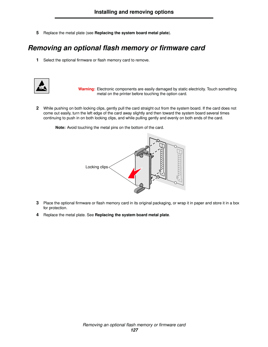 Lexmark C520, C524, C522 manual Removing an optional flash memory or firmware card, Installing and removing options 