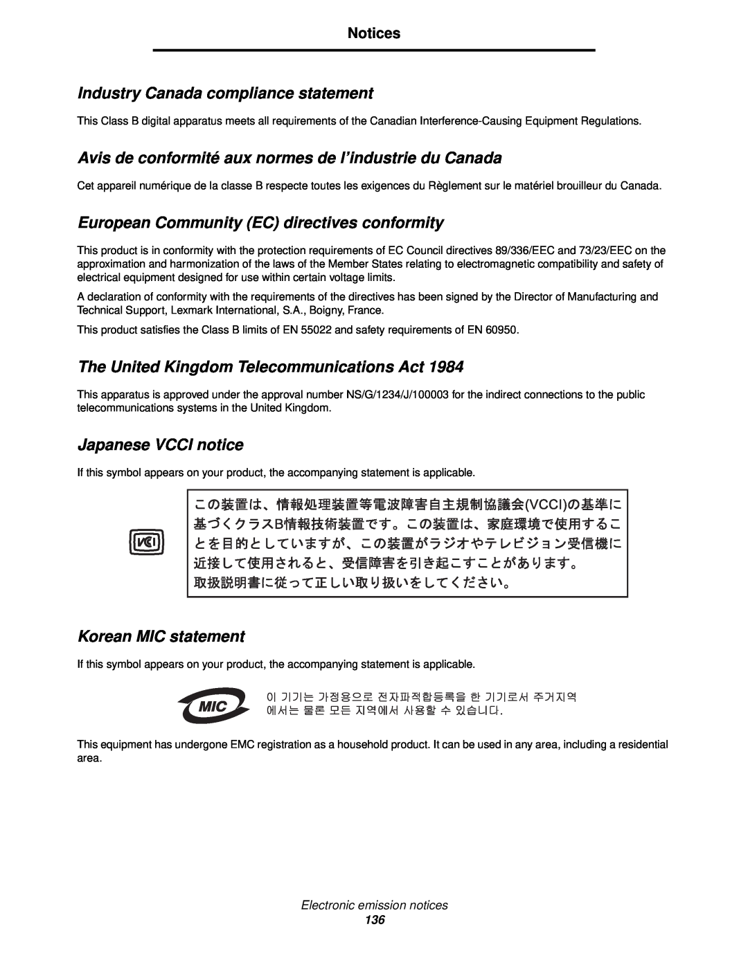 Lexmark C520, C524 Industry Canada compliance statement, Avis de conformité aux normes de l’industrie du Canada, Notices 