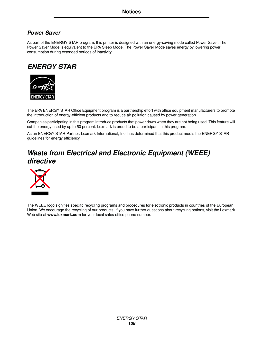 Lexmark C524, C520, C522 Energy Star, Waste from Electrical and Electronic Equipment WEEE directive, Power Saver, Notices 