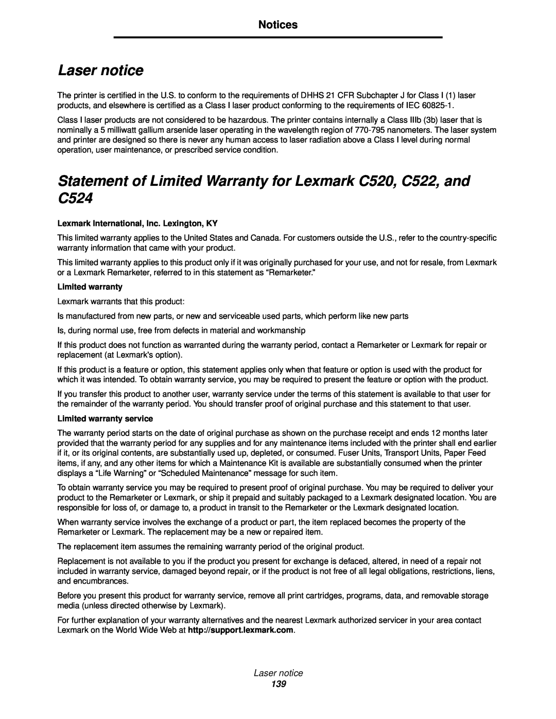 Lexmark manual Laser notice, Statement of Limited Warranty for Lexmark C520, C522, and C524, Limited warranty, Notices 