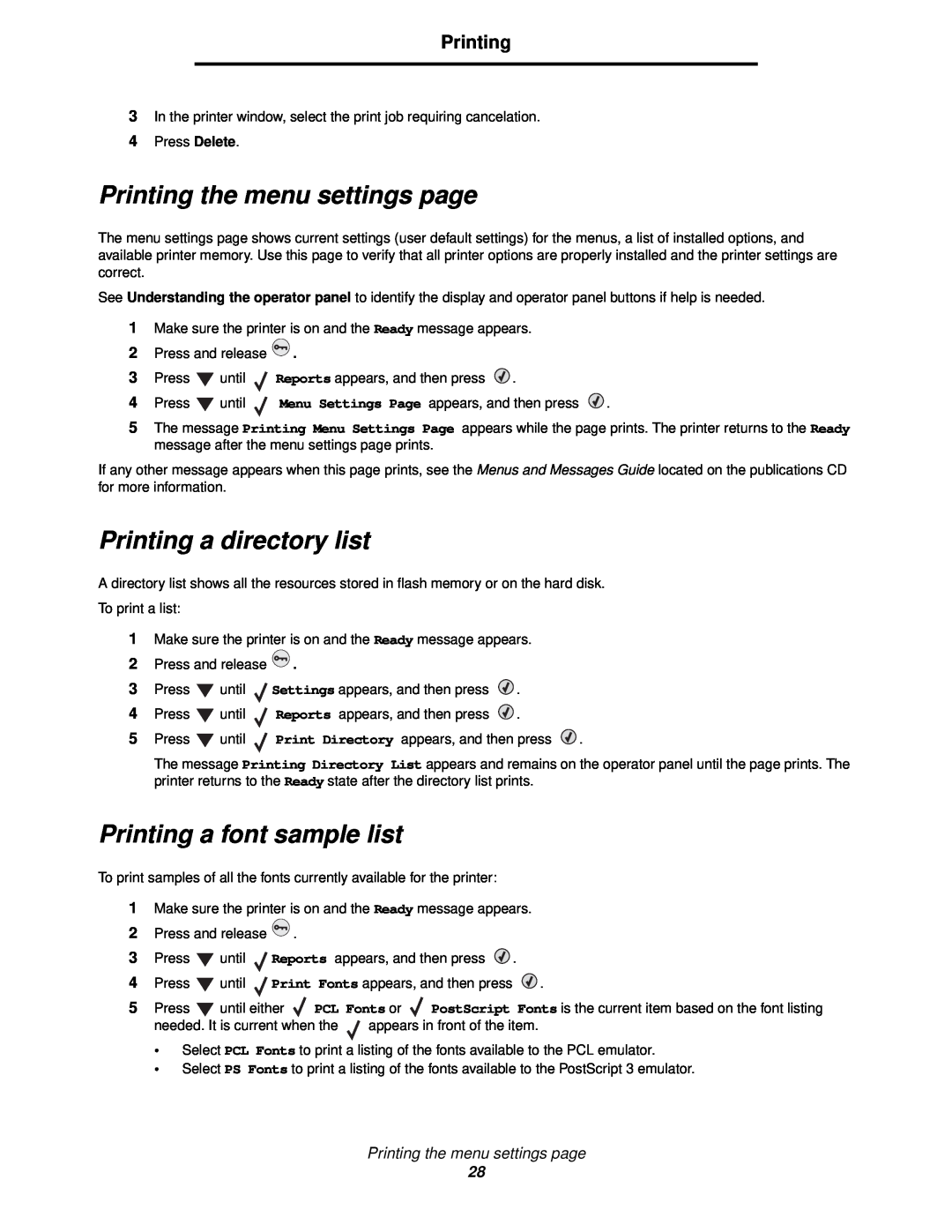 Lexmark C520, C524, C522 manual Printing the menu settings page, Printing a directory list, Printing a font sample list 