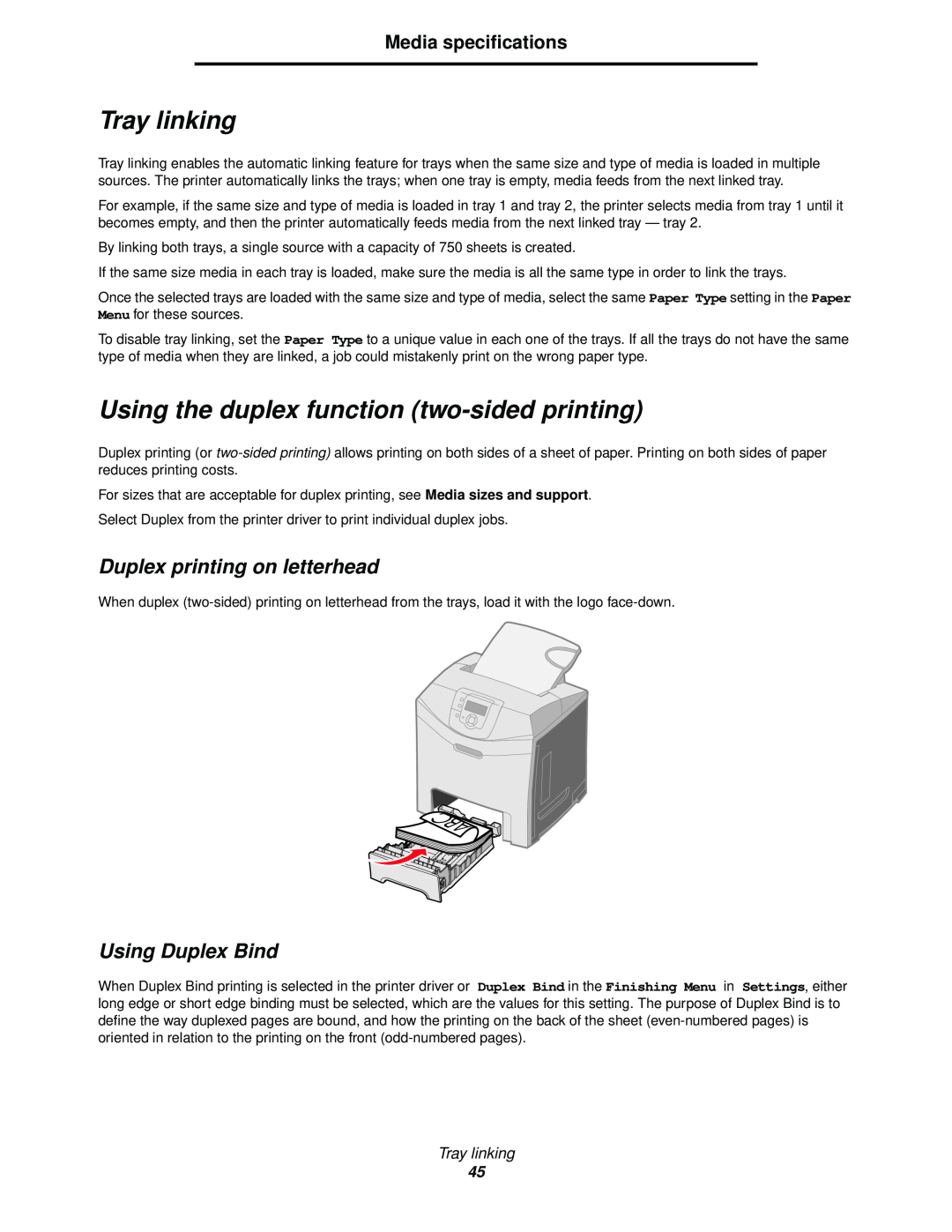 Lexmark C524 Tray linking, Using the duplex function two-sided printing, Duplex printing on letterhead, Using Duplex Bind 