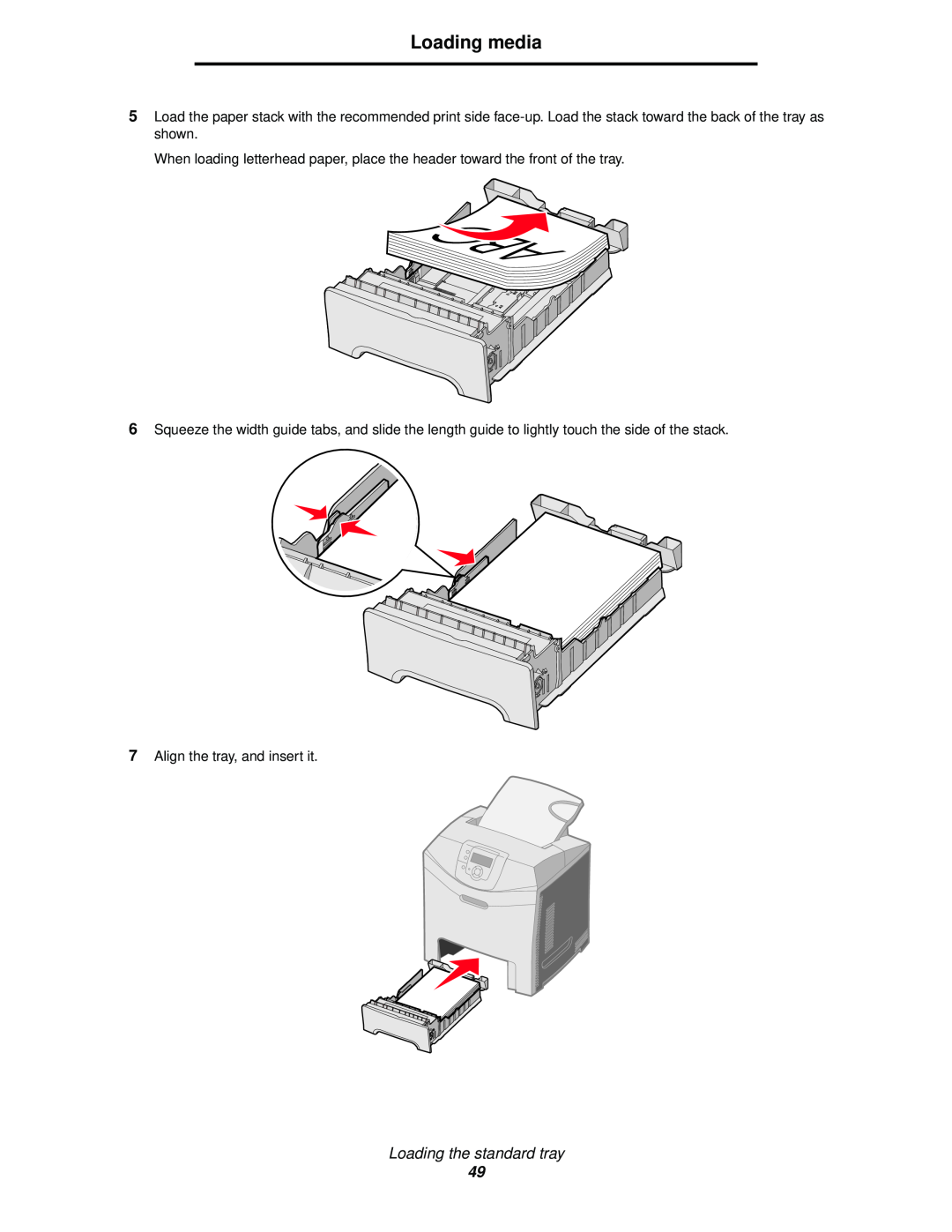Lexmark C520, C524, C522 manual Loading media, Loading the standard tray, Align the tray, and insert it 