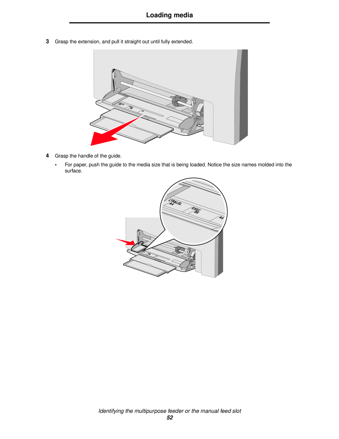 Lexmark C520 Loading media, Identifying the multipurpose feeder or the manual feed slot, Grasp the handle of the guide 