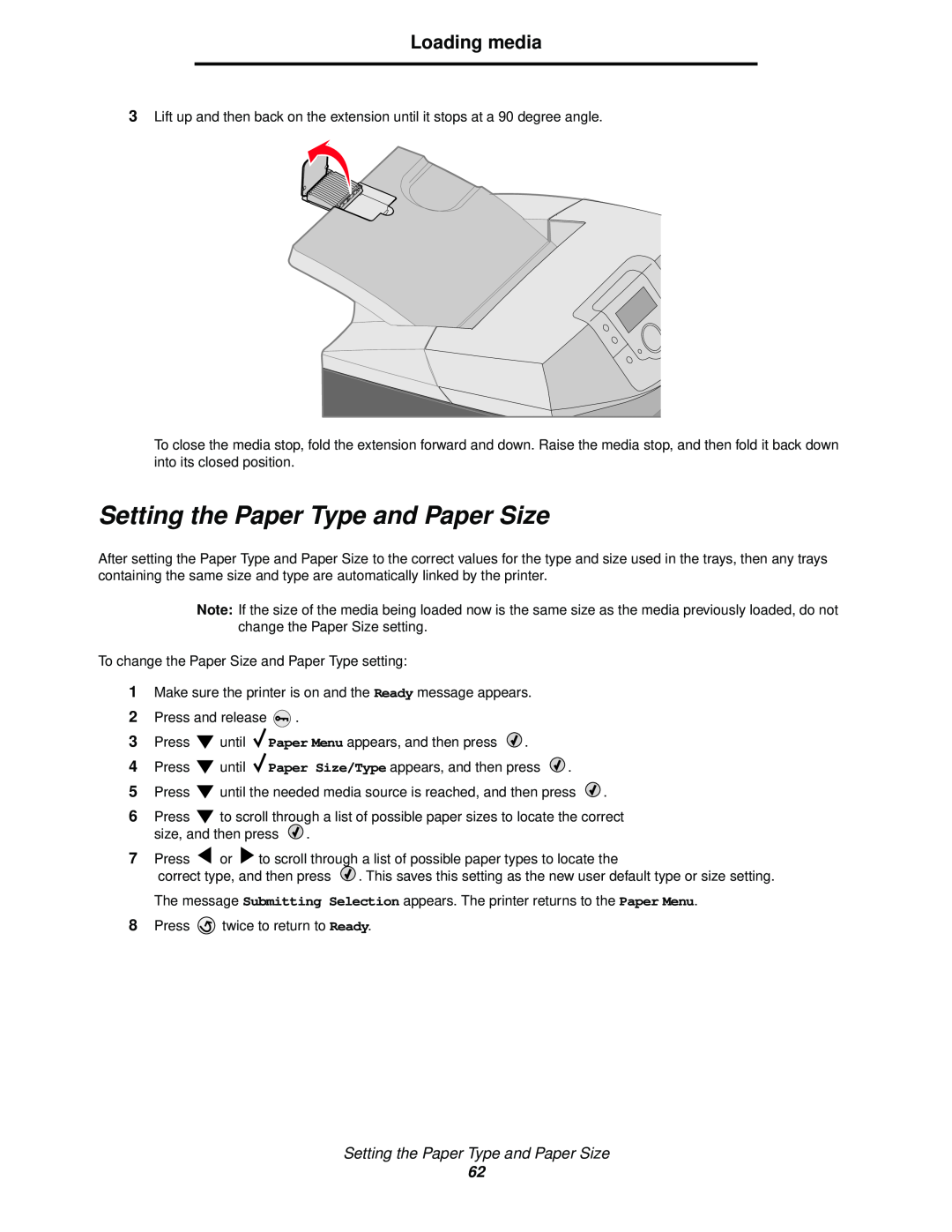 Lexmark C522, C524, C520 manual Setting the Paper Type and Paper Size, Loading media 