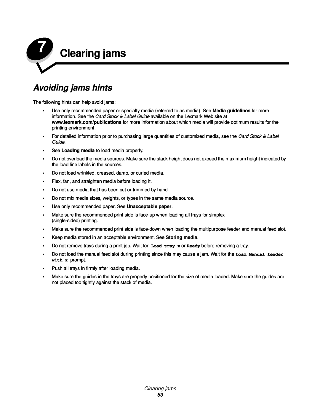 Lexmark C524, C520, C522 manual Clearing jams, Avoiding jams hints 
