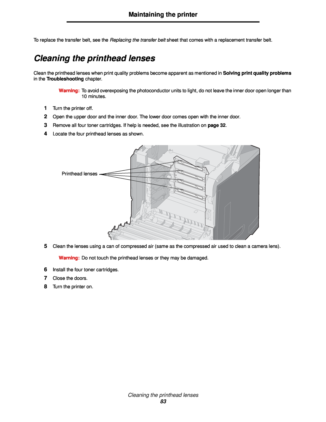 Lexmark C522, C524, C520 manual Cleaning the printhead lenses, Maintaining the printer 