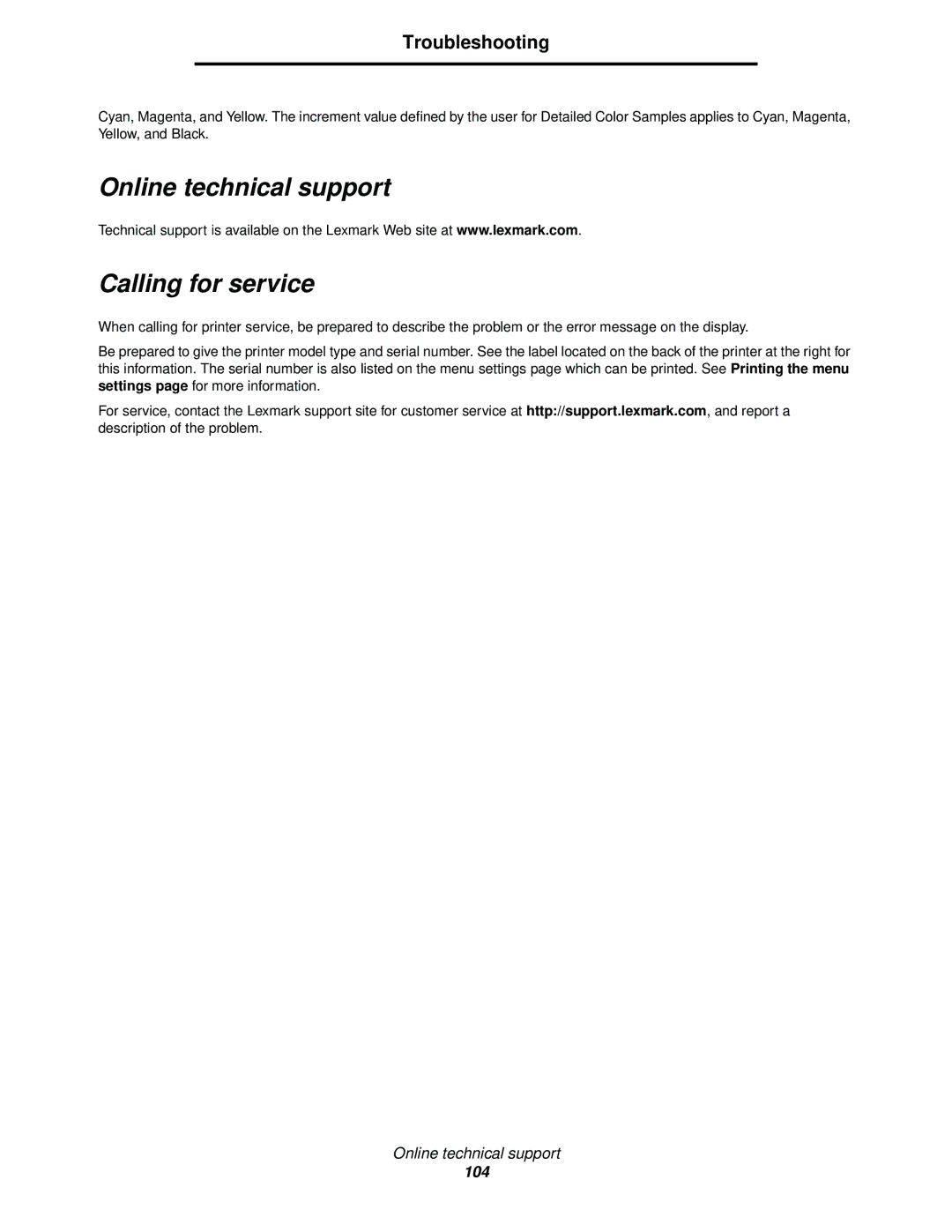 Lexmark C522, C524, C520 manual Online technical support Calling for service 