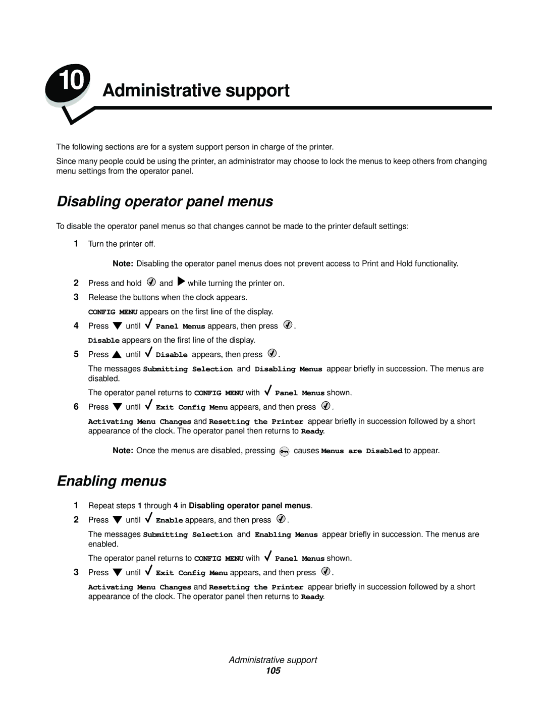 Lexmark C524, C520, C522 manual Enabling menus, Repeat steps 1 through 4 in Disabling operator panel menus 