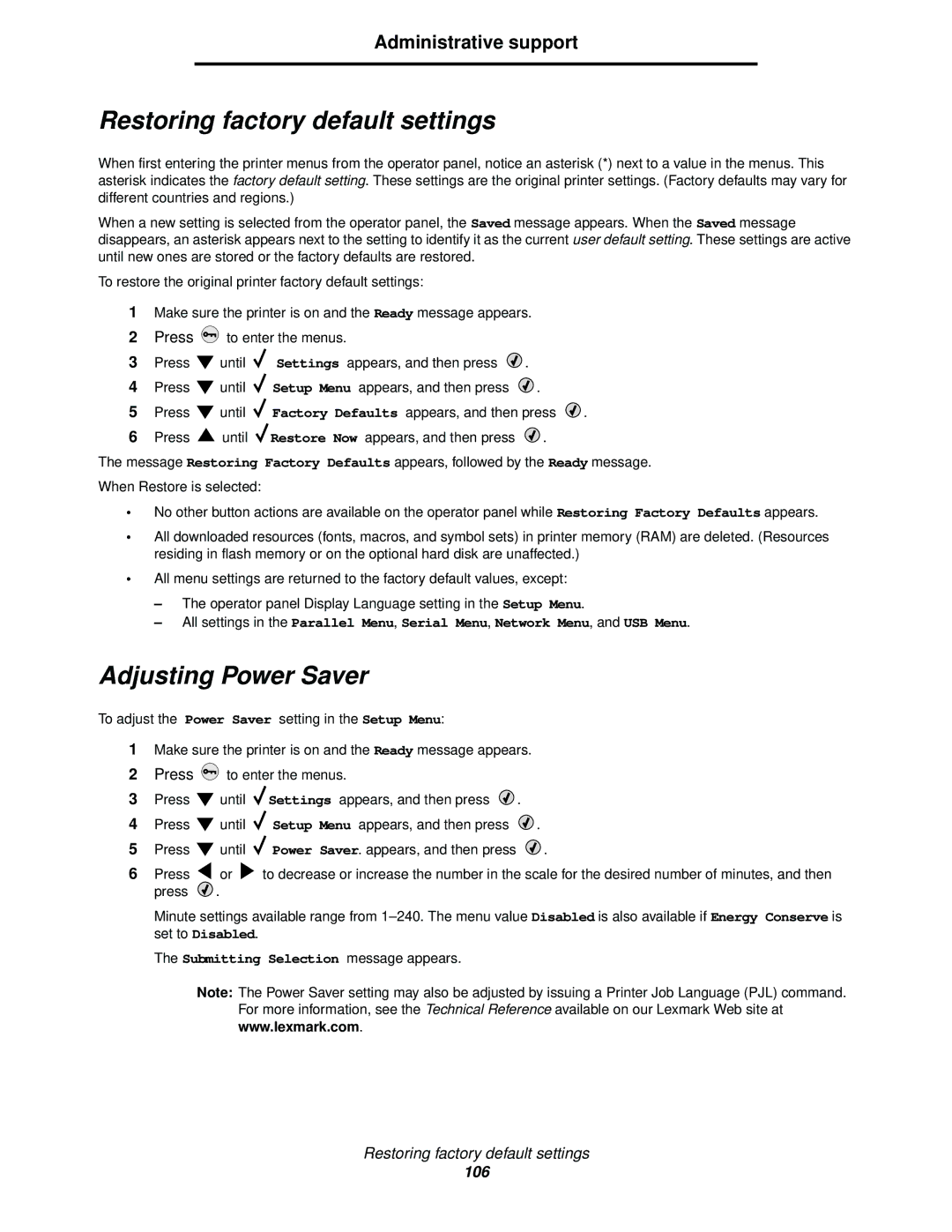 Lexmark C520, C524, C522 manual Restoring factory default settings, Adjusting Power Saver, Administrative support 