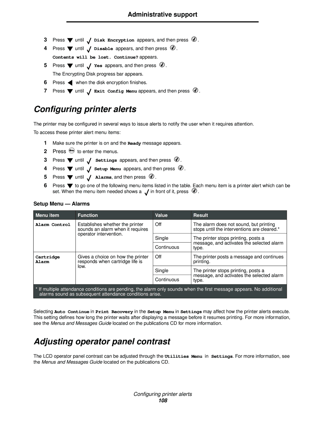 Lexmark C524, C520, C522 manual Configuring printer alerts, Adjusting operator panel contrast, Alarm Control, Cartridge 