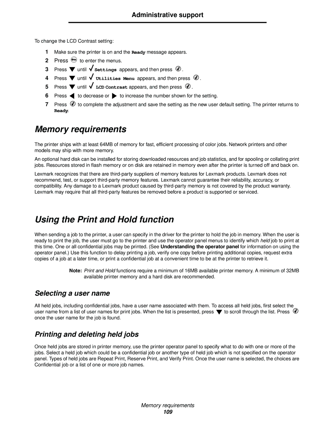 Lexmark C520, C524, C522 manual Memory requirements, Using the Print and Hold function, Selecting a user name, Ready 