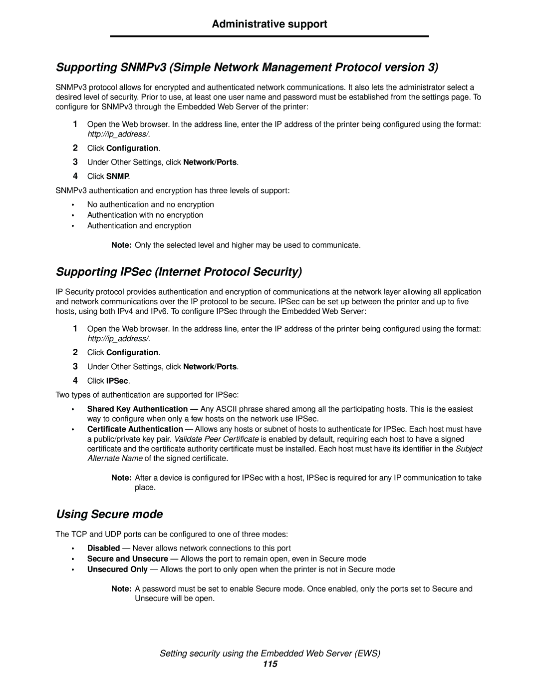 Lexmark C520, C524, C522 manual Supporting IPSec Internet Protocol Security, Using Secure mode 