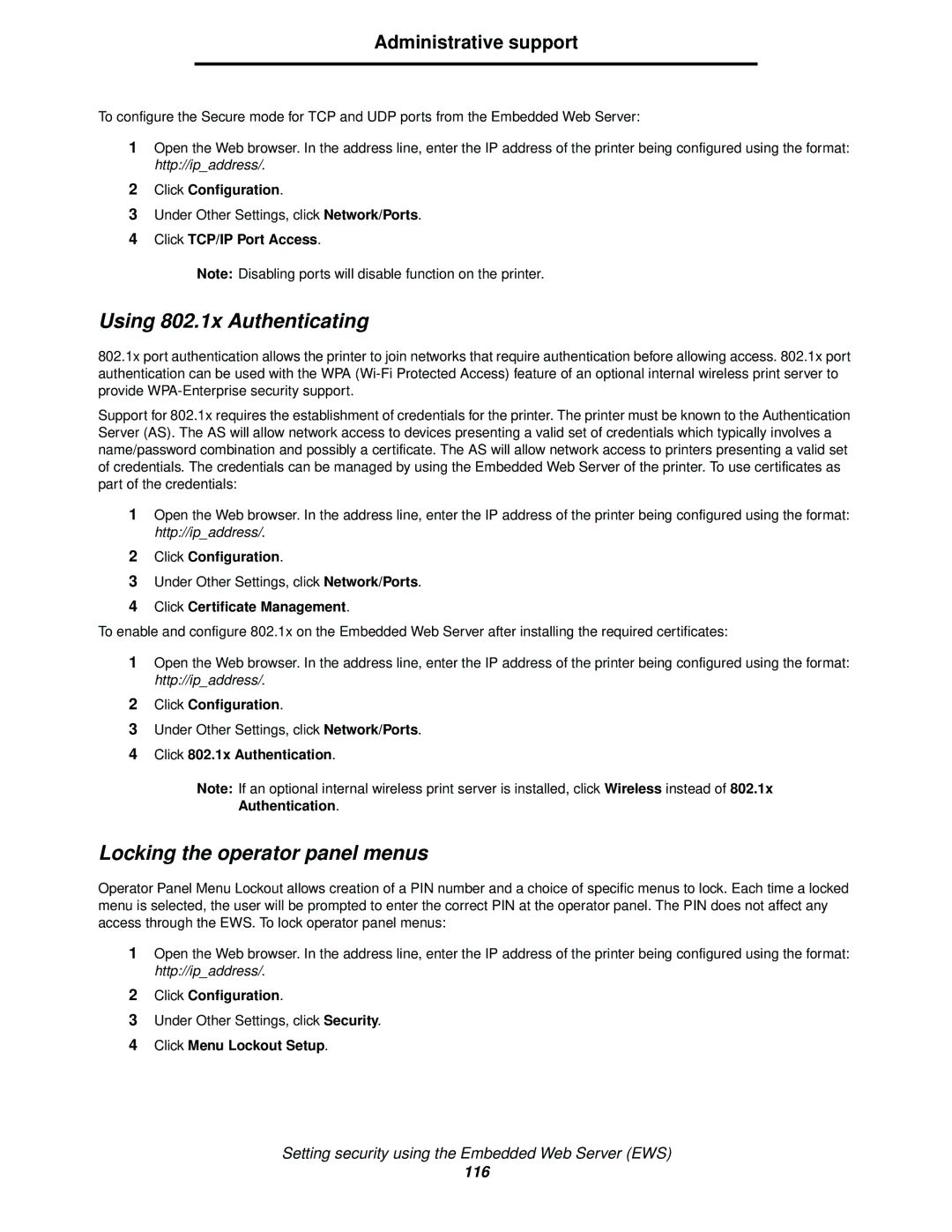 Lexmark C522, C524, C520 manual Using 802.1x Authenticating, Locking the operator panel menus 